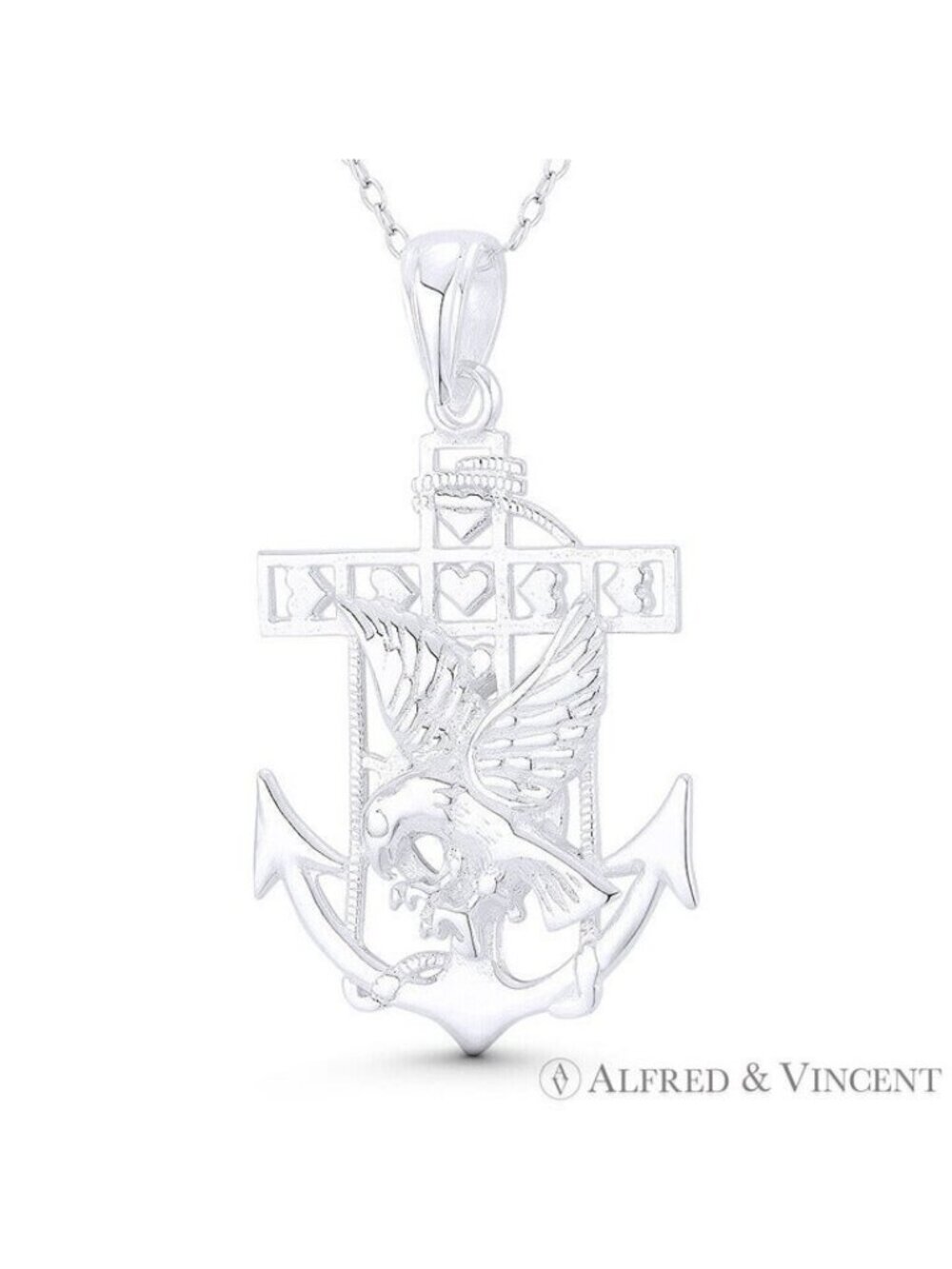 Ship's Anchor Eagle & Helm / Wheel Mariners Charm Pendant in 925 Sterling Silver